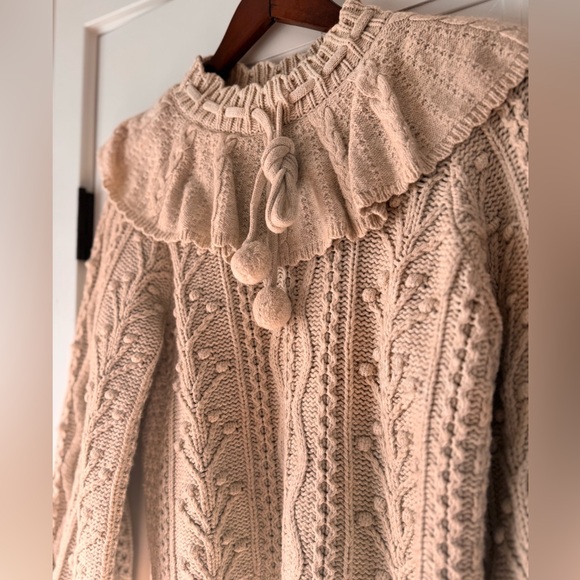 $465 LoveShackFancy Avenue Pullover Sweater Cable Knit Pom Pom Sand Castle S - Picture 3 of 7
